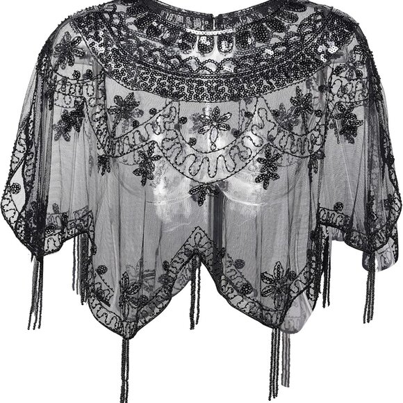 Other - Sequin Beaded Evening Cape 1920s Fringed Shawl Wraps Wedding Bridal Shawl Scarf